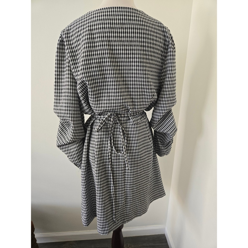Highline Collective Womens XL Gingham Wrap Mini Dress Ruffle Sleeve Black Alt - Picture 4 of 8